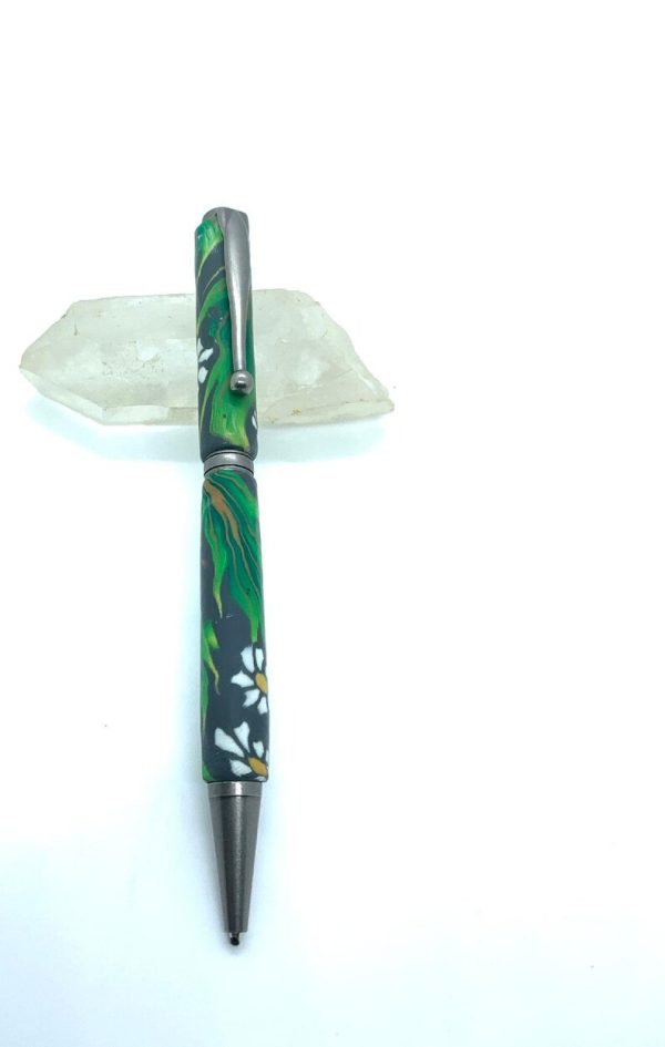Art Deco Twist Pen in Antique Silver . White daises with leaves designed Pen, Hand turned pen, Handmade