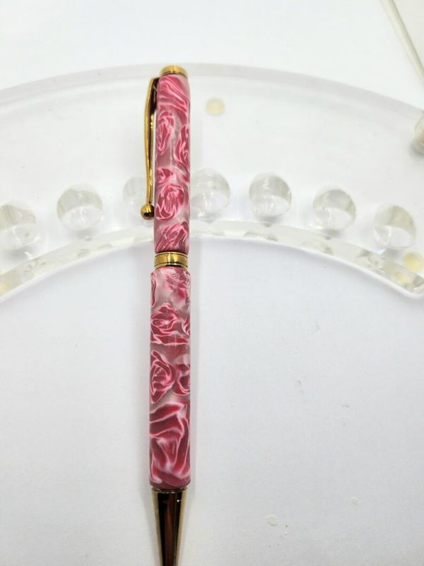 Art Deco Twist Pen, Titanium Gold . Pink Flower, designed Pen, Hand turned pen, Handmade