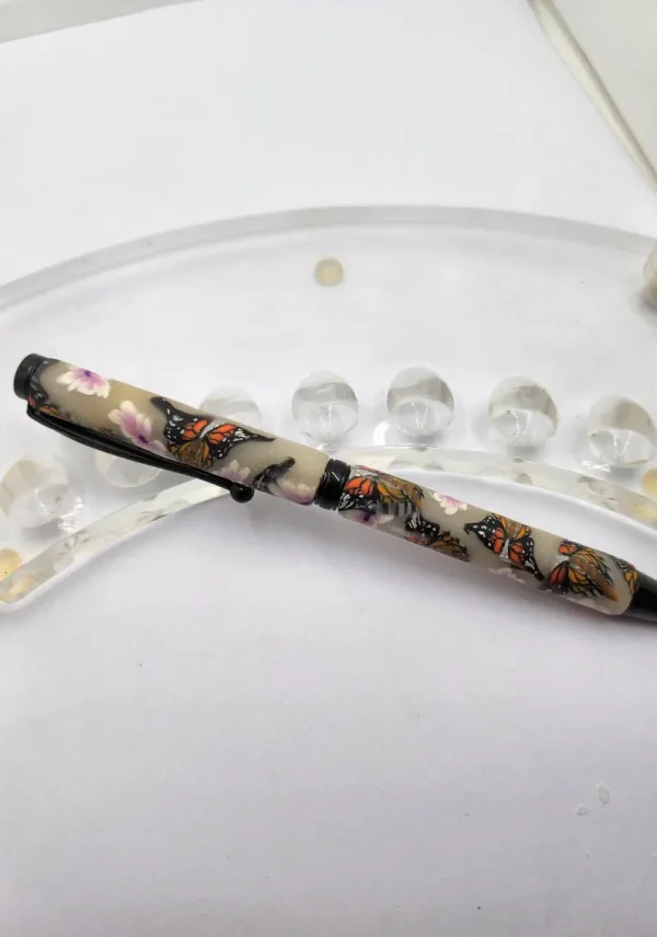 Daisy flower, Butterfly , designed Pen ,Art Deco Twist Pen in Black , Hand turned pen, Handmade