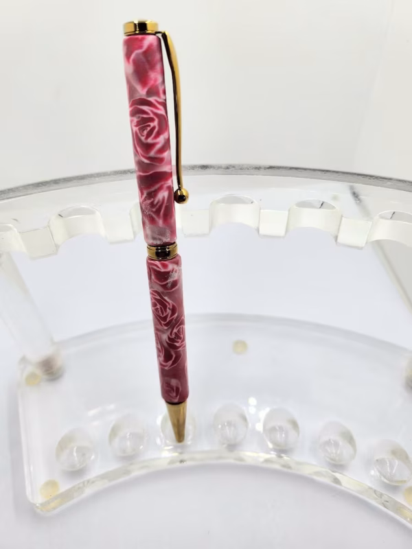 Art Deco Twist Pen, Titanium Gold . Pink Flower, designed Pen, Hand turned pen, Handmade