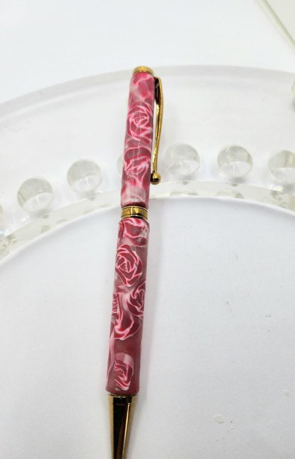 Art Deco Twist Pen, Titanium Gold . Pink Flower, designed Pen, Hand turned pen, Handmade