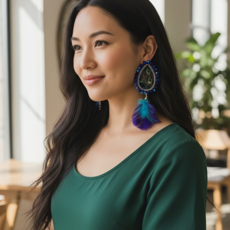 model in green dress wearing the earrings