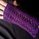 Purple Ajour Net Knit Fingerless Gloves Mittens Glovelets