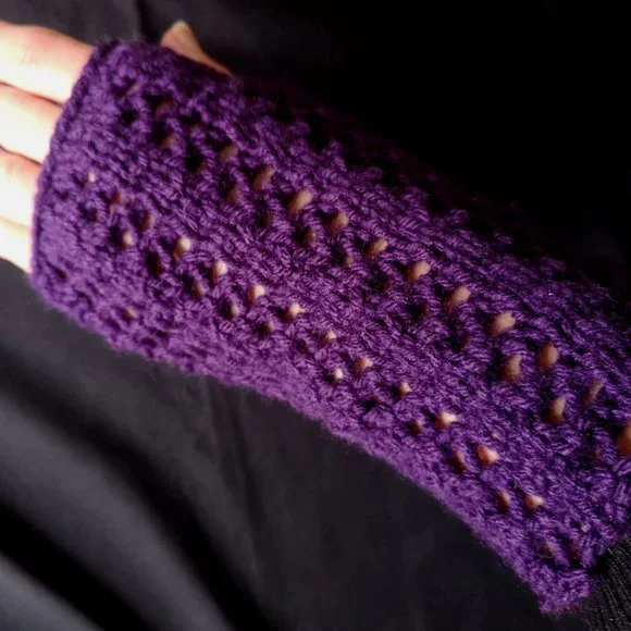 Purple Ajour Net Knit Fingerless Gloves Mittens Glovelets