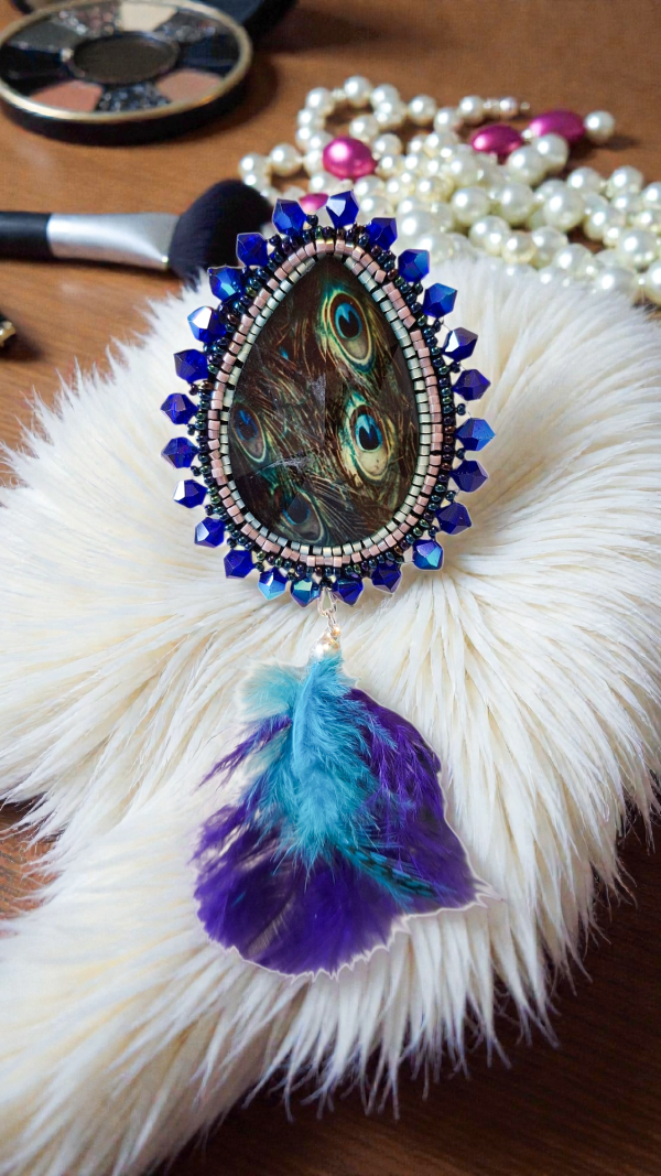 Peacock Feather Beaded Statement Earrings - Seed Bead Long Dangle Steel Posts Canadian Handmade