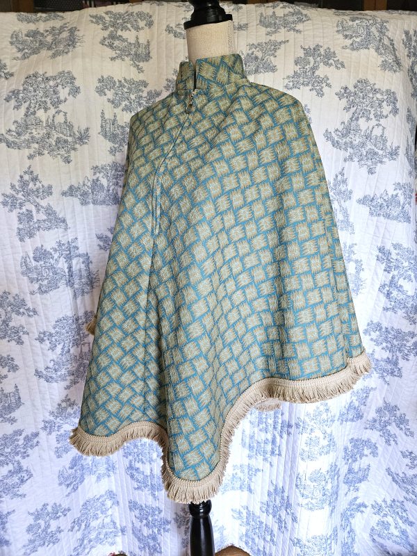 Pullover Cape Turquoise And Tan Vintage Fabric One Size
