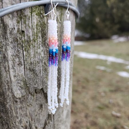 Pastel Wave Seed Bead Fringe Earrings with Iridescent White Fringe