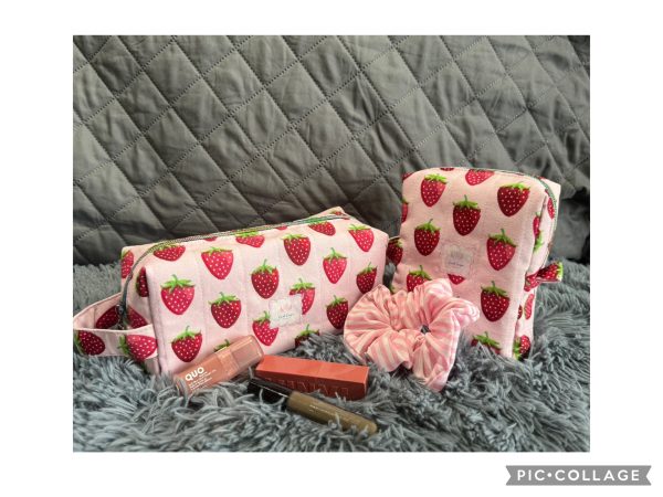 Handmade Strawberry Cotton Gift Set– Two Cosmetic Pouches & Scrunchie