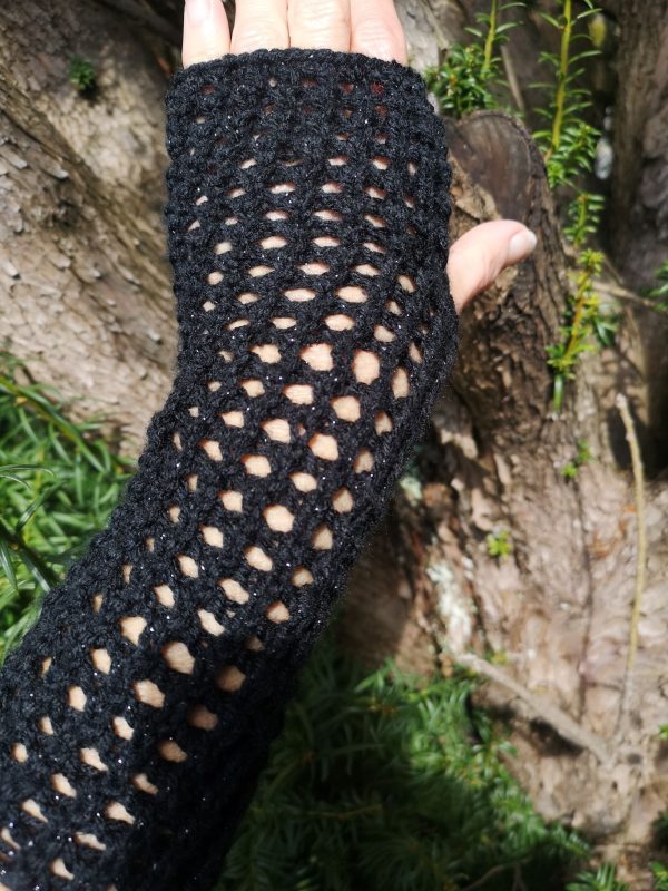 Black Metallic Handmade Ajour Net Knit Fingerless Gloves