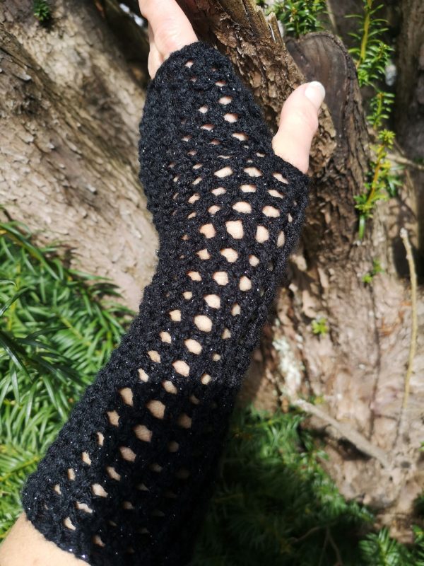 Black Metallic Handmade Ajour Net Knit Fingerless Gloves