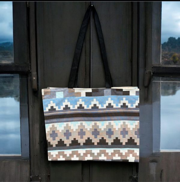 Cotton Tote Bag – Sequoia Stripe Geometric Print with Inside and Front Pocket & Coin Purse