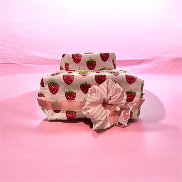 Handmade Strawberry Cotton Gift Set– Two Cosmetic Pouches & Scrunchie