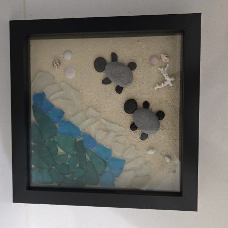 Pebble Art- 8" x 8"-Turtles on The Beach