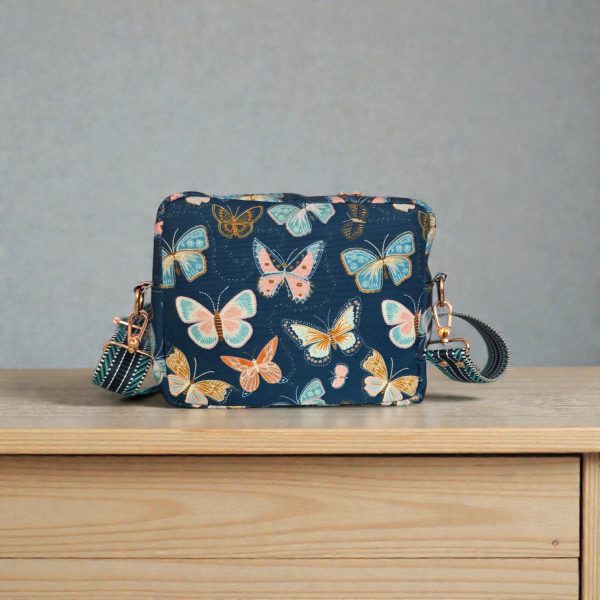 Butterfly Print Crossbody Bag: Waterproof Canvas with Rose Gold Hardware
