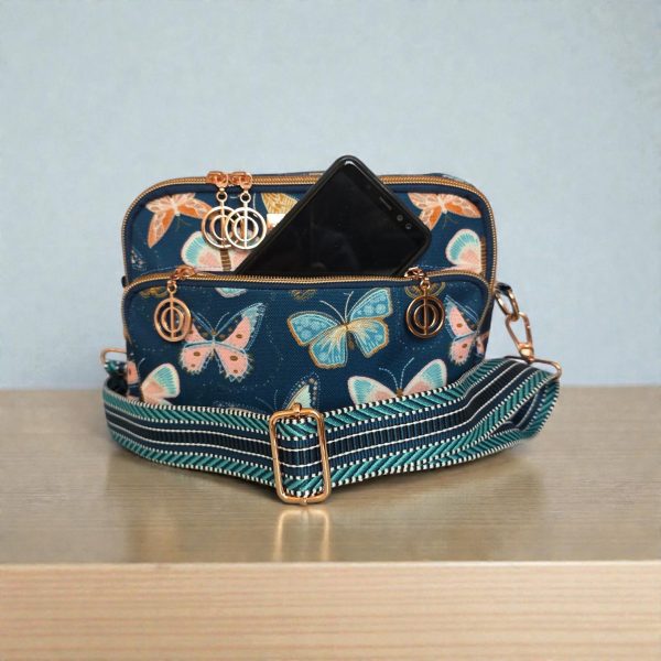 Butterfly Print Crossbody Bag: Waterproof Canvas with Rose Gold Hardware