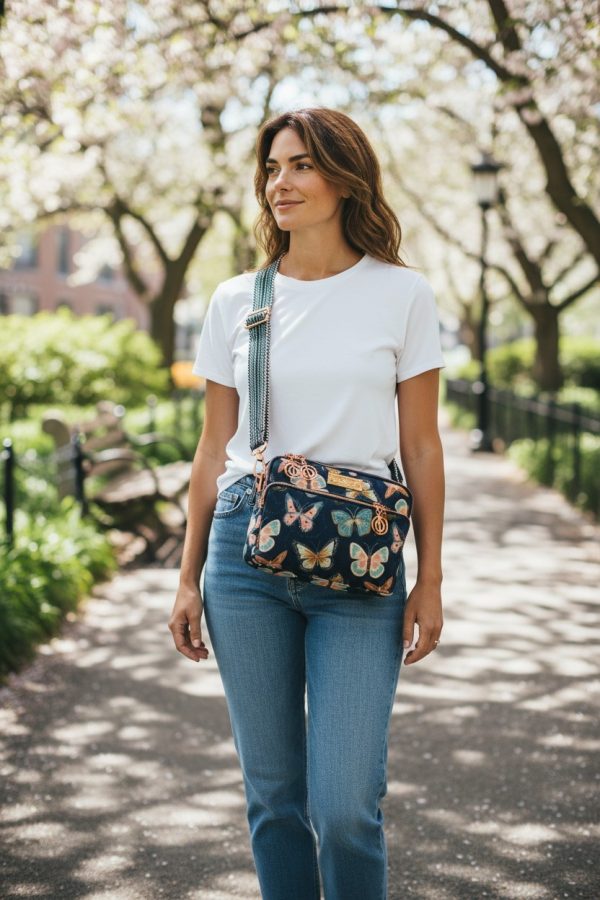 Butterfly Print Crossbody Bag: Waterproof Canvas with Rose Gold Hardware