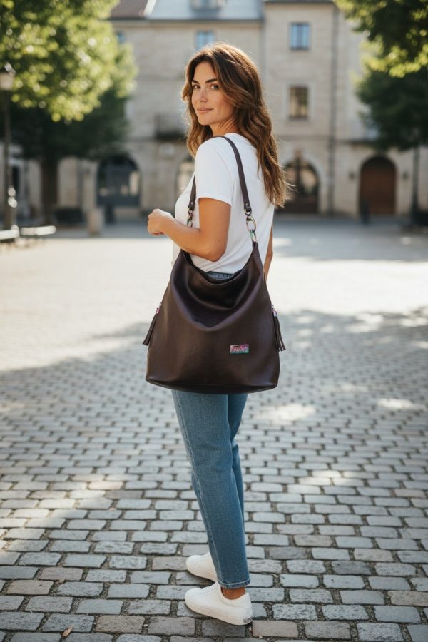 A Slouchy multi pockets eggplant color bag with iridescent hardware and decorative zipper tassels