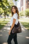A Slouchy multi pockets eggplant color bag with iridescent hardware and decorative zipper tassels