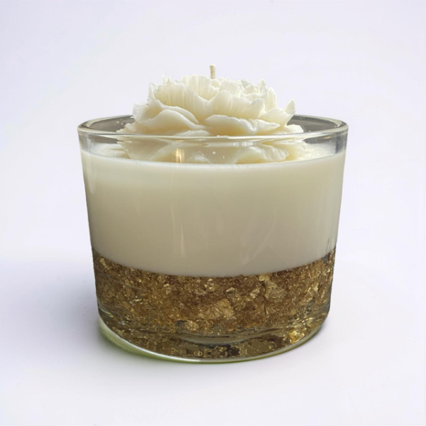 Wedding Guest Table, Decorative White & Gold Peony Candle, 24 oz