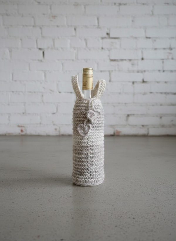 Handknitted Heart Drawstring Wine Bottle Sleeve Cozy