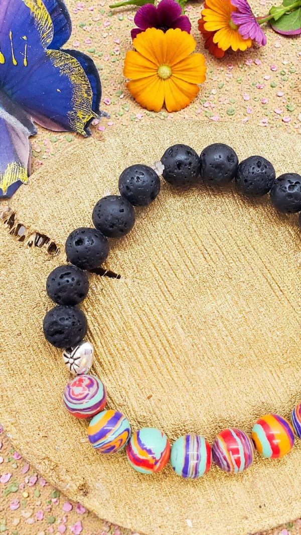 Rainbow Pride Lava Stone Bracelet, Antique Silver Heart, Essential Oil Diffuser