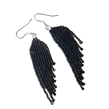 Raven Wing Fringe Earrings: Black Seed Beads, Spinel, Hematite – Tribal Jewelry