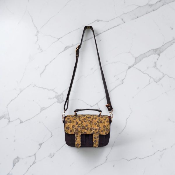 Eggplant color with accent purple flower cork fabric, rose gold hardware, minimalist bag.