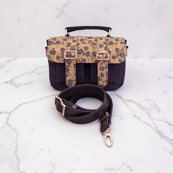 Eggplant color with accent purple flower cork fabric, rose gold hardware, minimalist bag.