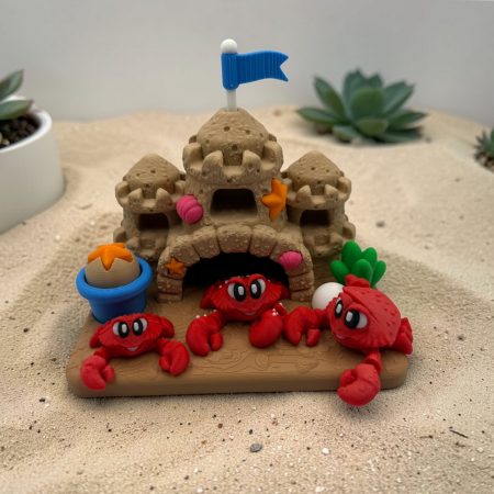 Crabs in a Sand Castle Playset with Fidget Clicker – 3D Printed Desk Toy & Beach Decor