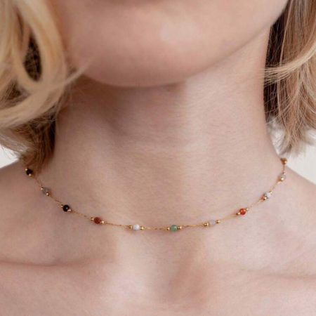 18k Gold Plated Delicate Multi Color Natural Stone Beaded Necklace | Tarnish-Free Stainless Steel |