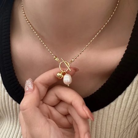18k Gold Plated Pearl & Charm Toggle Necklace | Tarnish-Free Stainless Steel