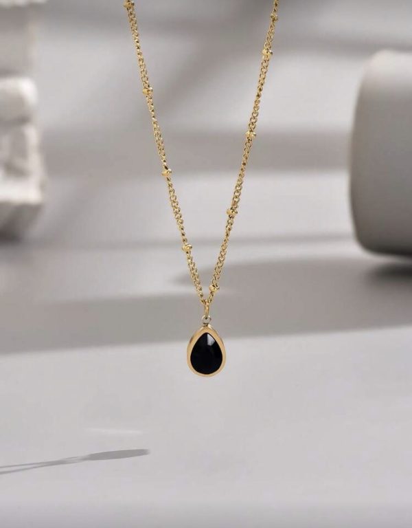 18k Gold Plated Teardrop Black Pendant with Beaded Necklace | Tarnish-Free Stainless Steel