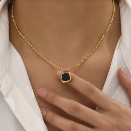 18k Gold Plated Black Pendant with Woven Necklace | Tarnish-Free Stainless Steel |