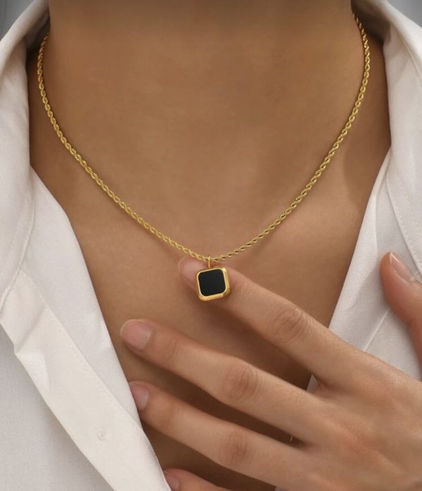 18k Gold Plated Black Pendant with Woven Necklace | Tarnish-Free Stainless Steel |