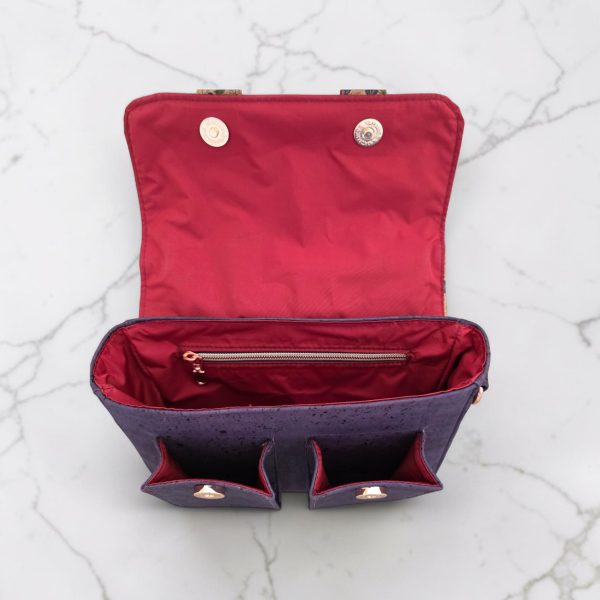 Eggplant color with accent purple flower cork fabric, rose gold hardware, minimalist bag.