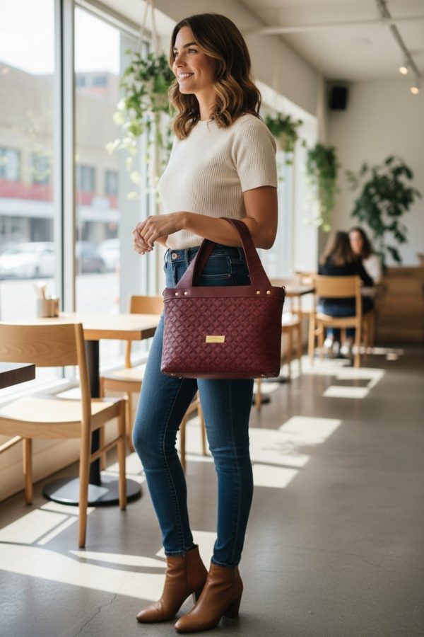 Burgundy Quilted Faux Leather Tote Bag, Gold Hardware, Medium Work Bag