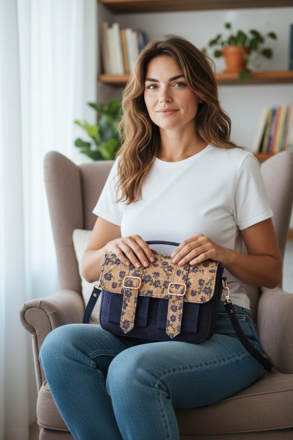 Eggplant color with accent purple flower cork fabric, rose gold hardware, minimalist bag.