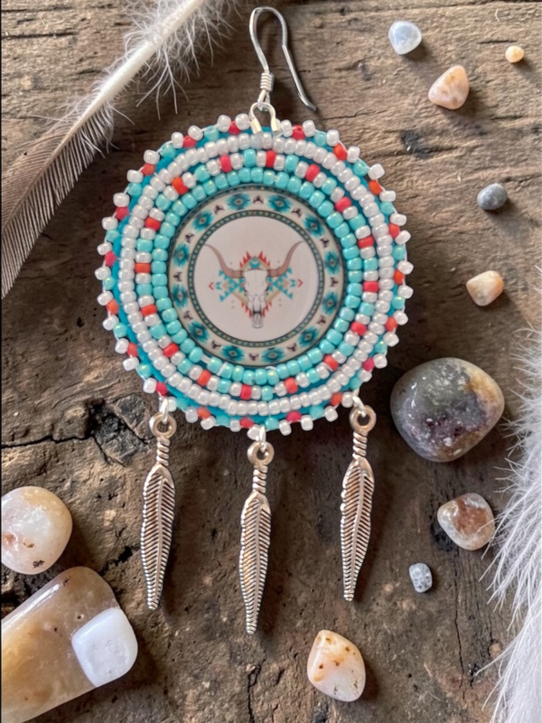 Handmade Indigenous Pastel Floral Buffalo Round Seed Bead Earrings - Native American Beadwork Jewelry