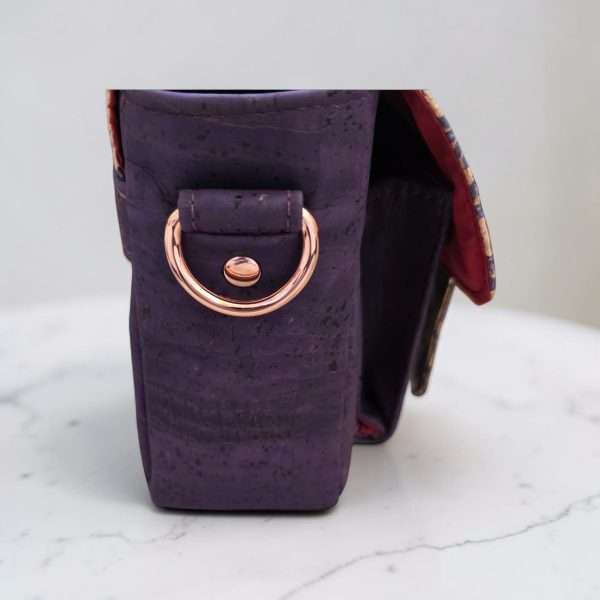 Eggplant color with accent purple flower cork fabric, rose gold hardware, minimalist bag.