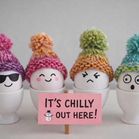 Set of 4 Handknitted Egg Warmers with Pom-Pom Hats - Cute Colorful Easter Egg Cosies