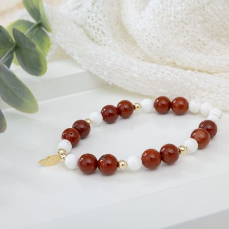 Red Jasper & Magnesite Beaded Bracelet with 14K Gold Beads and Gold Filled Leaf Charm