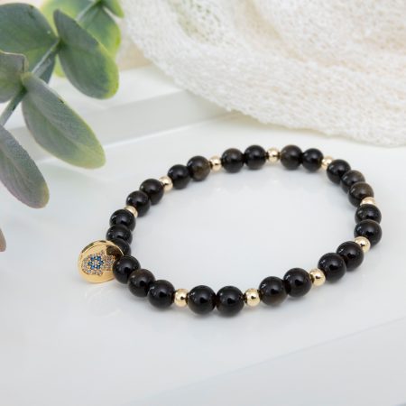 Obsidian Bracelet with 14K Gold Filled Hamsa Hand & Blue CZ Accent