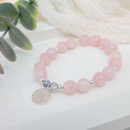 Rose Quartz & Howlite Bracelet with Sterling Silver Beads & Geometric Charm