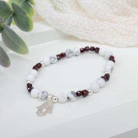 Faceted Garnet & Howlite Bracelet with Sterling Silver Beads & Hamsa Charm