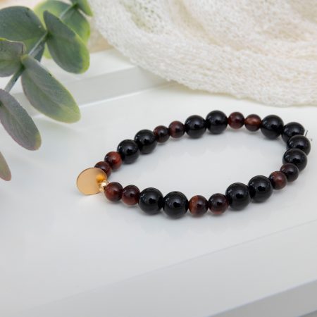 Red Tiger Eye & Black Onyx Bracelet with 14K Gold-Filled Disc