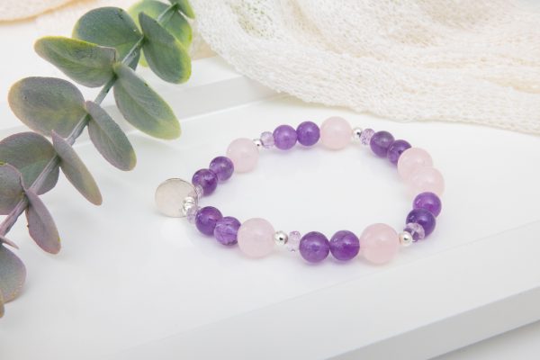 Rose Quartz & Amethyst Bracelet with Sterling Silver Disc