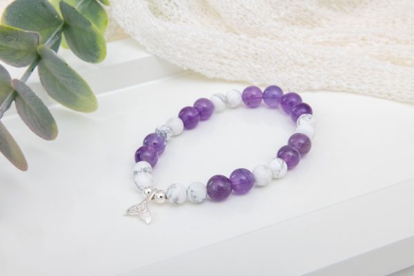 Howlite & Amethyst Stretch Bracelet — Sterling Silver Mermaid Tail