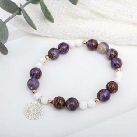 Super 7 & Magnesite Stretch Bracelet — Rose Gold-Filled Accents with Sterling Silver Geometric Sign