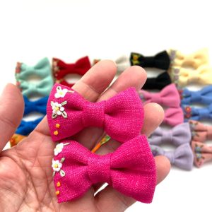 Hand Embroidered Floral Bow Pair – Matching Hair Clips Canada (5 cm)