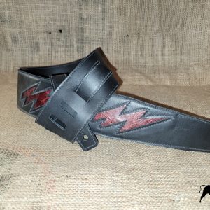 Hand made black leather guitar strap with double red lightning bolts